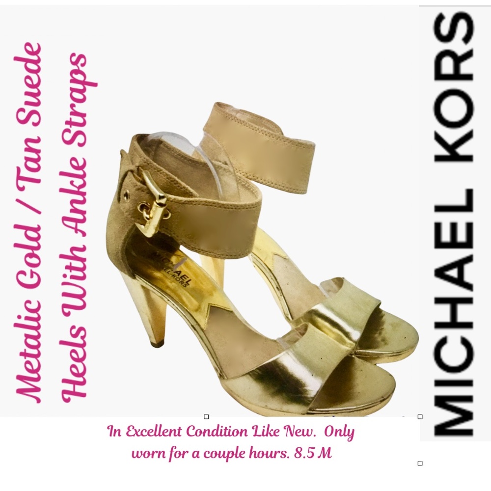 Michael Kors Metallic Gold & Tan Suede Heels with Wide Ankle Strap